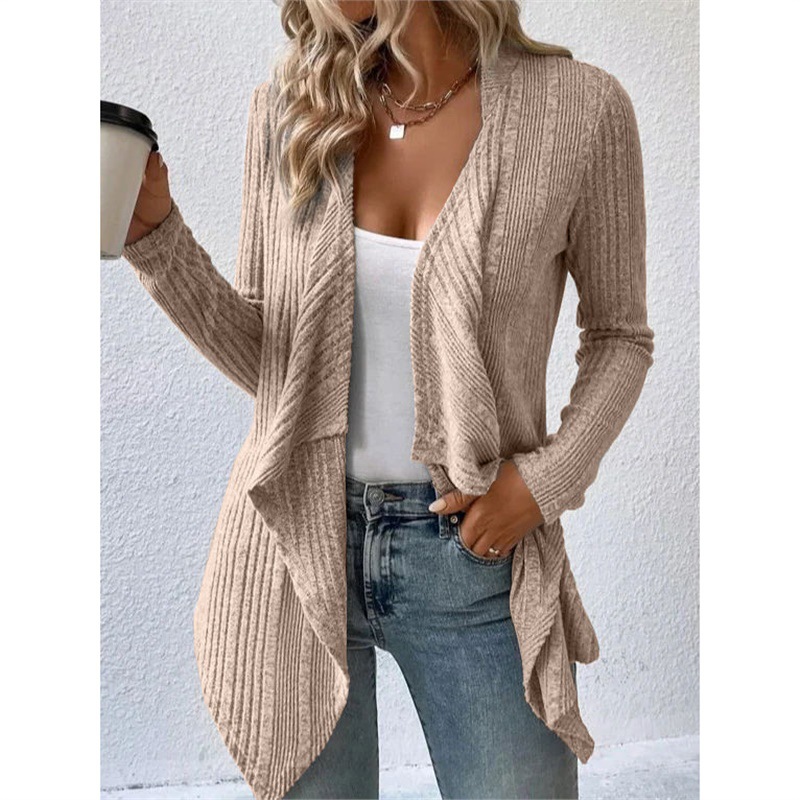 Solid Ribbed Knit Cardigan Long Sleeve V-Neck Loose Fit Casual Sweater Coat