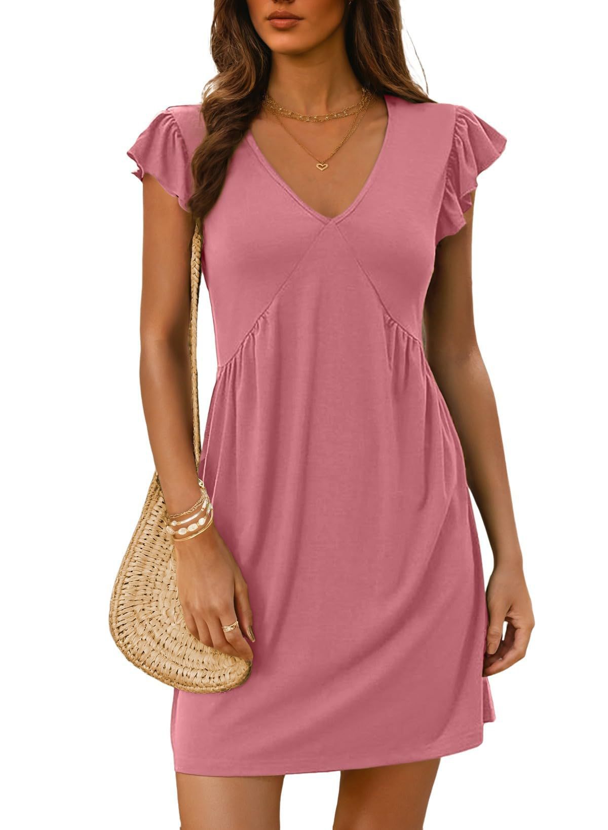 Women's Deep V-Neck Ruffle Sleeve Mini Dress