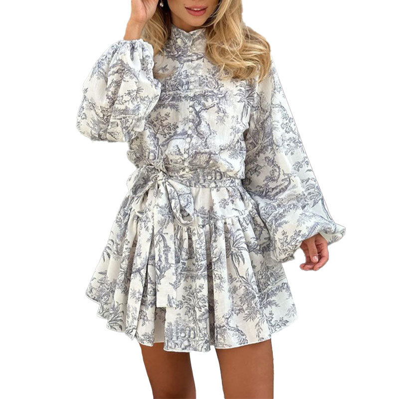Women's Elegant Waist-Tie Floral Print A-Line Short Dress
