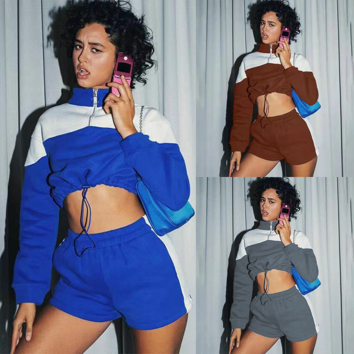 Women's Colorblock Drawstring Shorts & Sweatshirt Two-Piece Set
