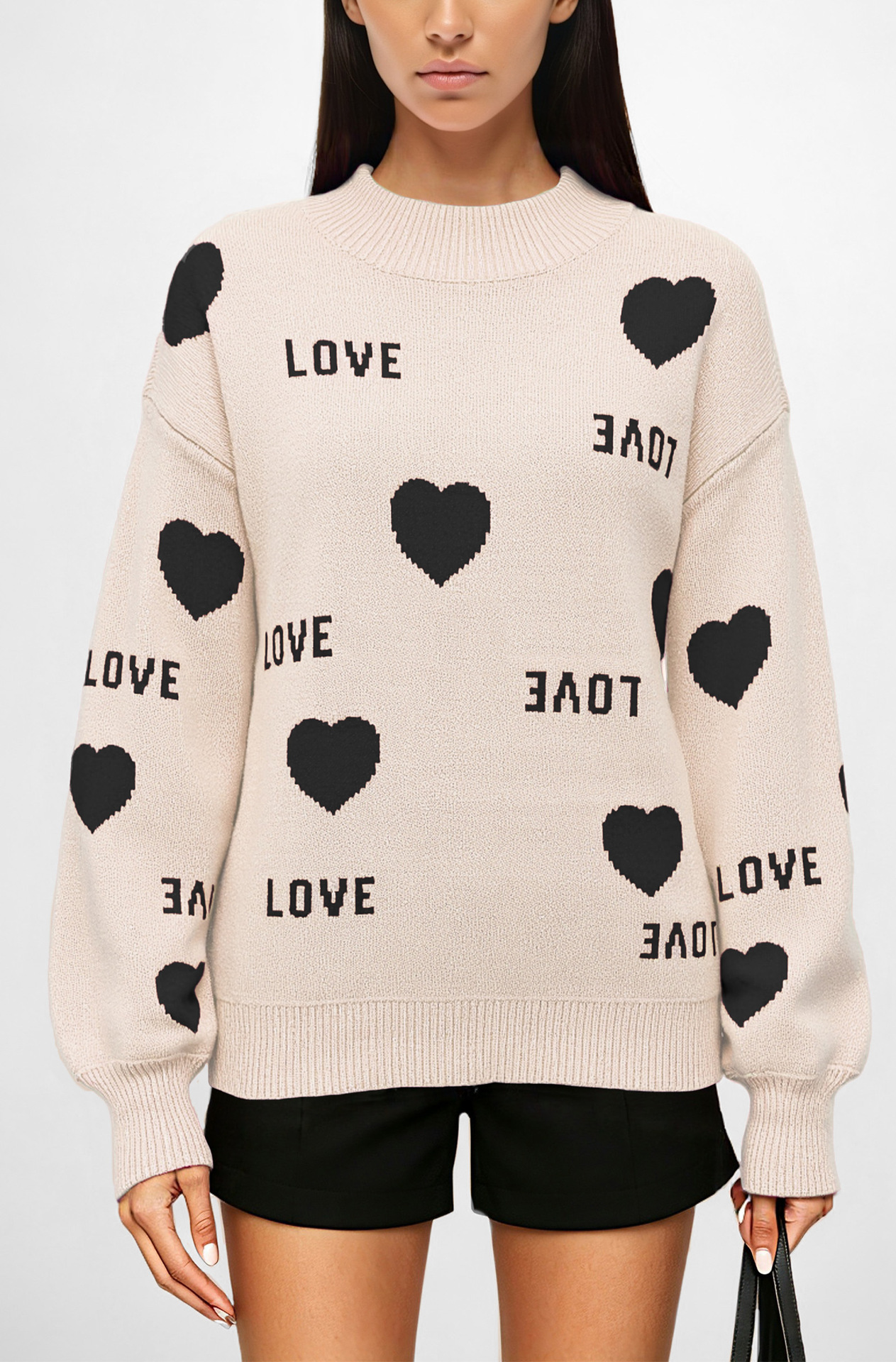 Heart Jacquard Pullover Sweater Crew Neck Loose Fit