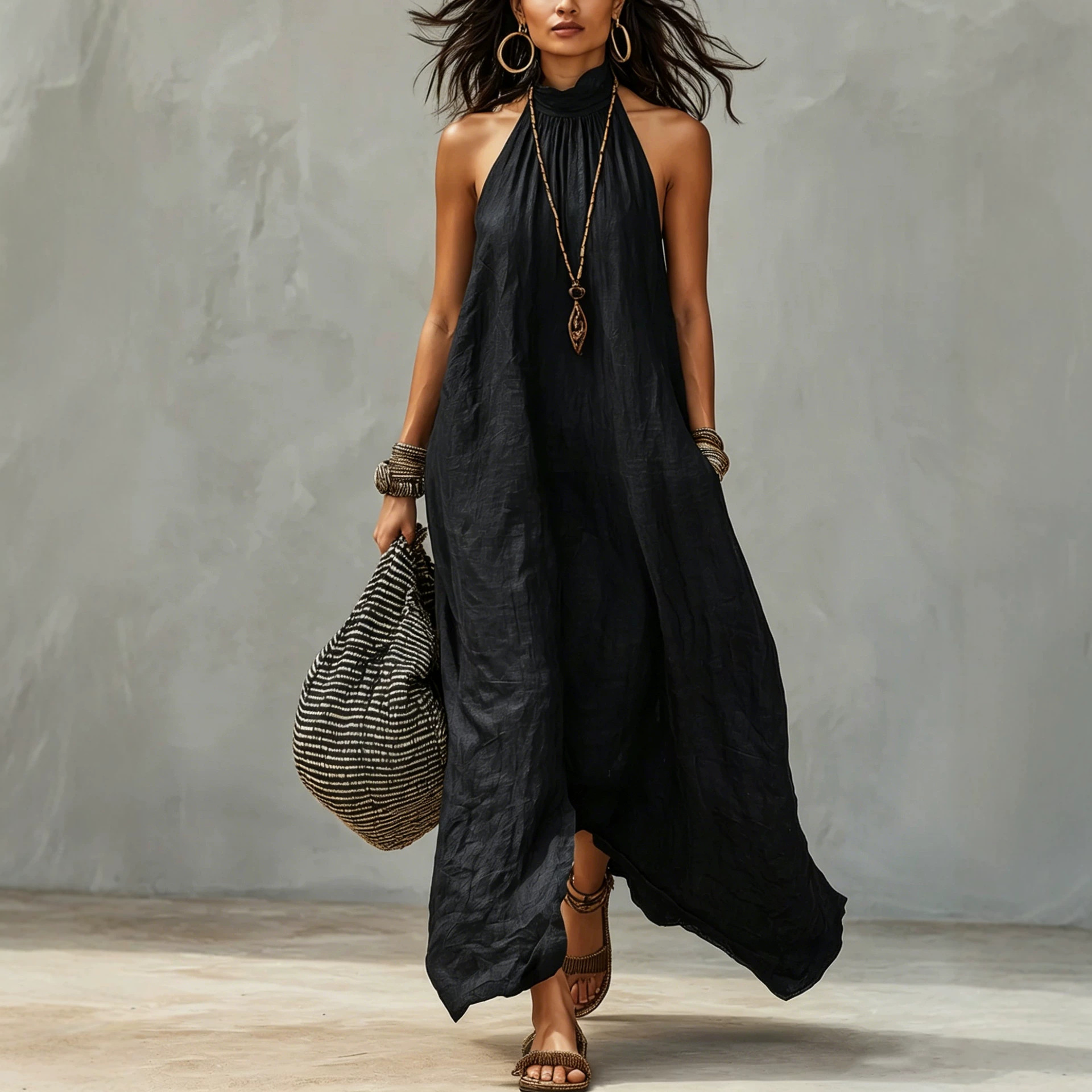 Women's Halter Neck Backless Pleated Boho Maxi Dress