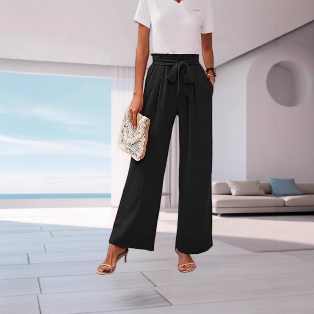 Women's High-Waist Wide-Leg Pants with Pockets Solid Color