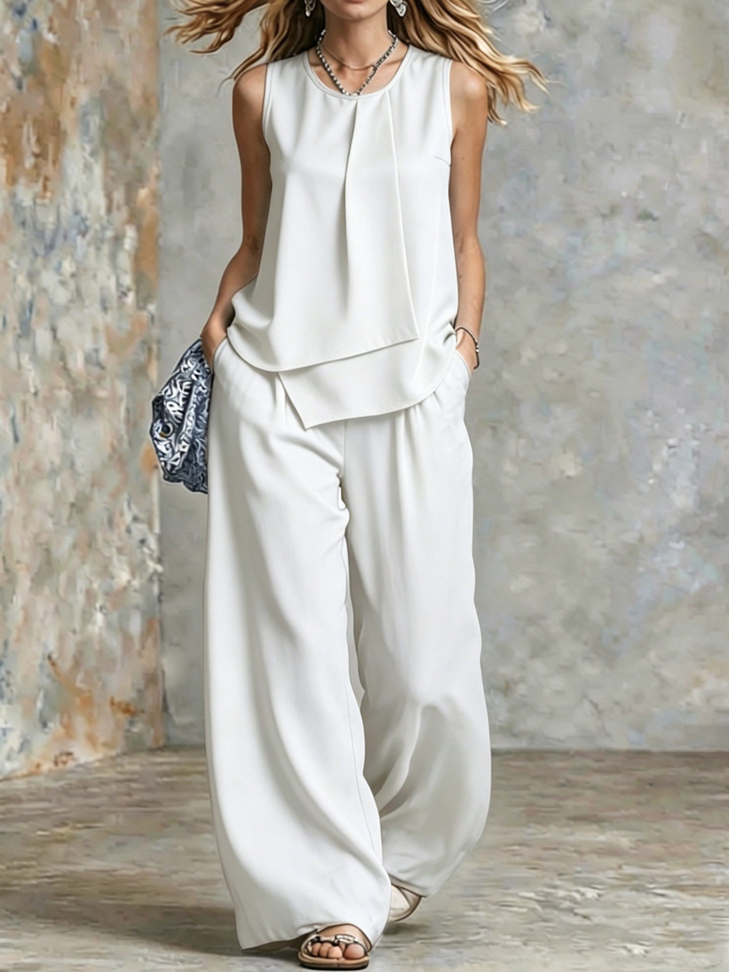 Elegant Sleeveless Solid Asymmetrical Top & Wide-Leg Pants Set