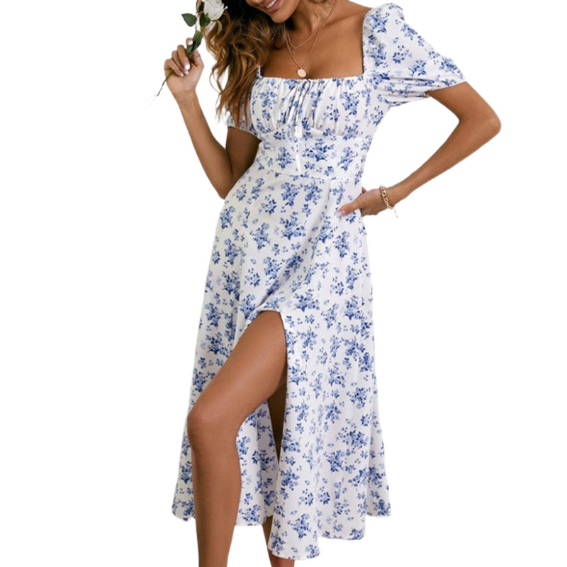 Women's French Floral Open-Back Slit Cami Dress