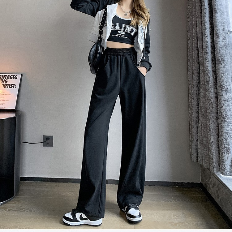 Women's High-Waist Straight-Leg Casual Pants with Pockets, Loose Fit, Solid Color
