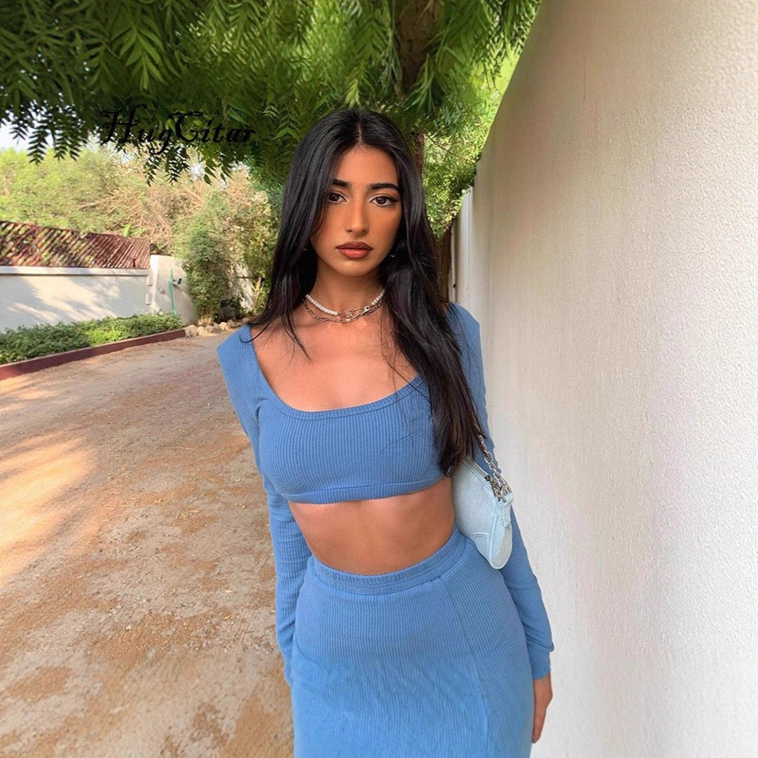 Ribbed Long-Sleeve Tank Top and High-Slit Bodycon Mini Skirt Set