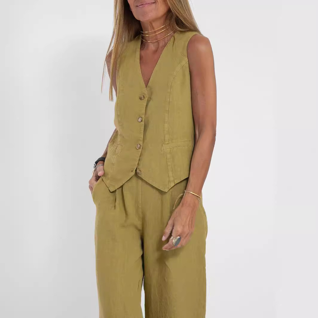 Women's Sleeveless Vest & Pants Set Cotton Linen Patchwork Casual