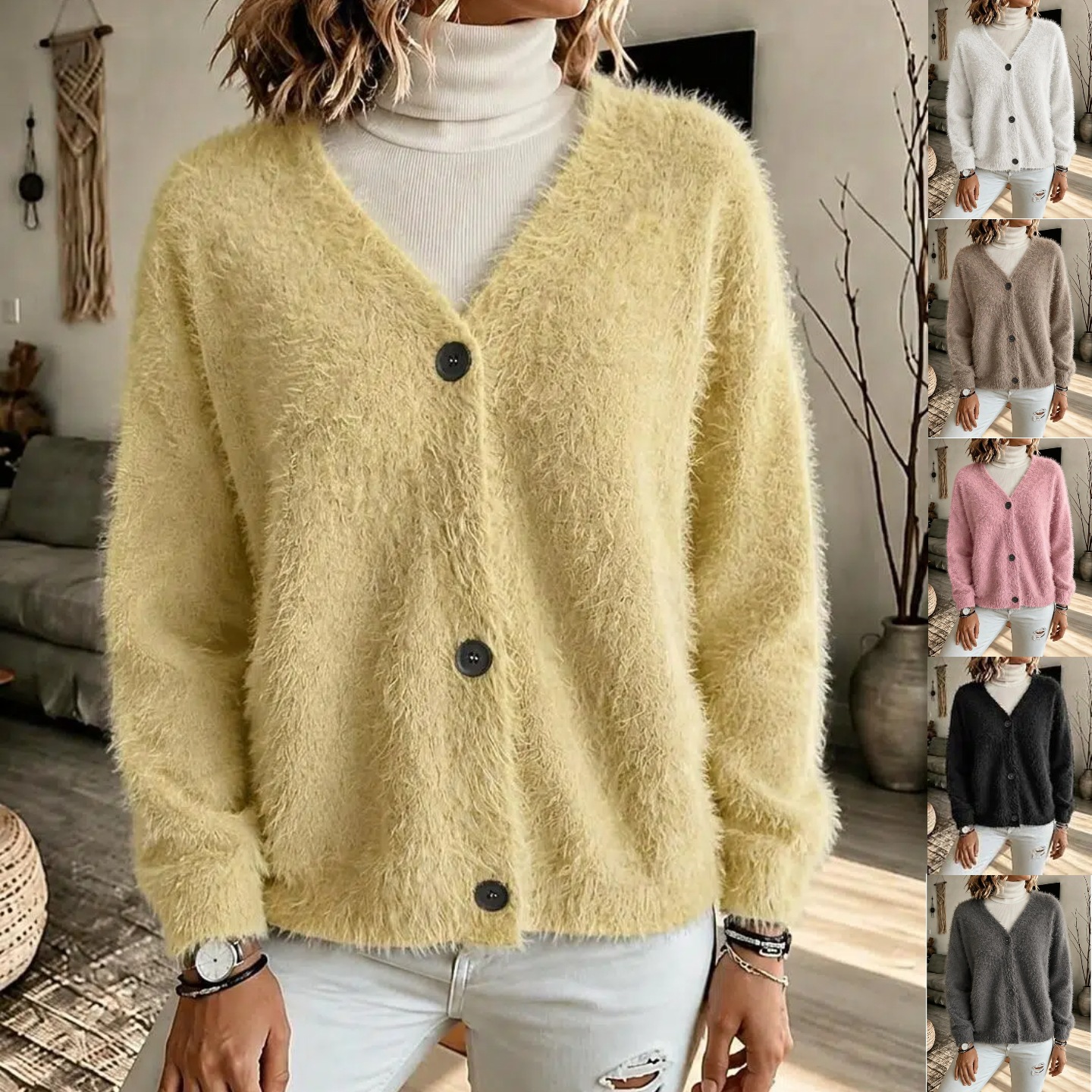 Faux Mink Knit Cardigan V-Neck Loose Long Sleeve Sweater Coat