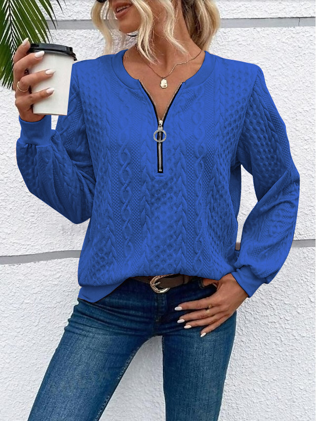 Women's Casual Pullover Sweatshirt with Zip and Crew Neck Long Sleeve