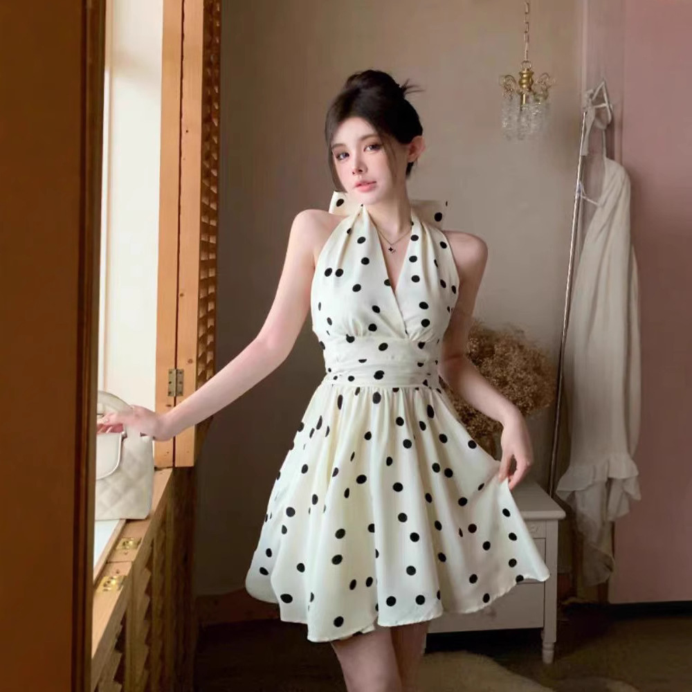 French Bow Open-Back Polka Dot Dress Waist-Cinching A-Line Short Dress