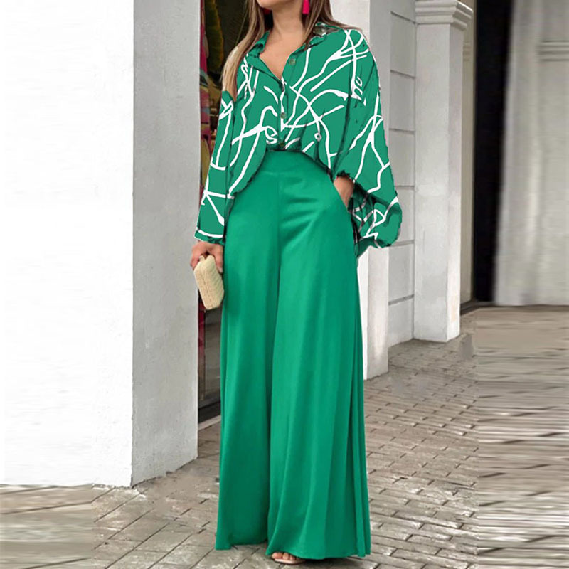Women's Batwing Sleeve Colorblock Print Two-Piece Pants Set Casual Commuter