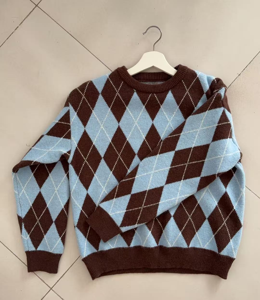Women's Loose Color-Block Argyle Crewneck Sweater