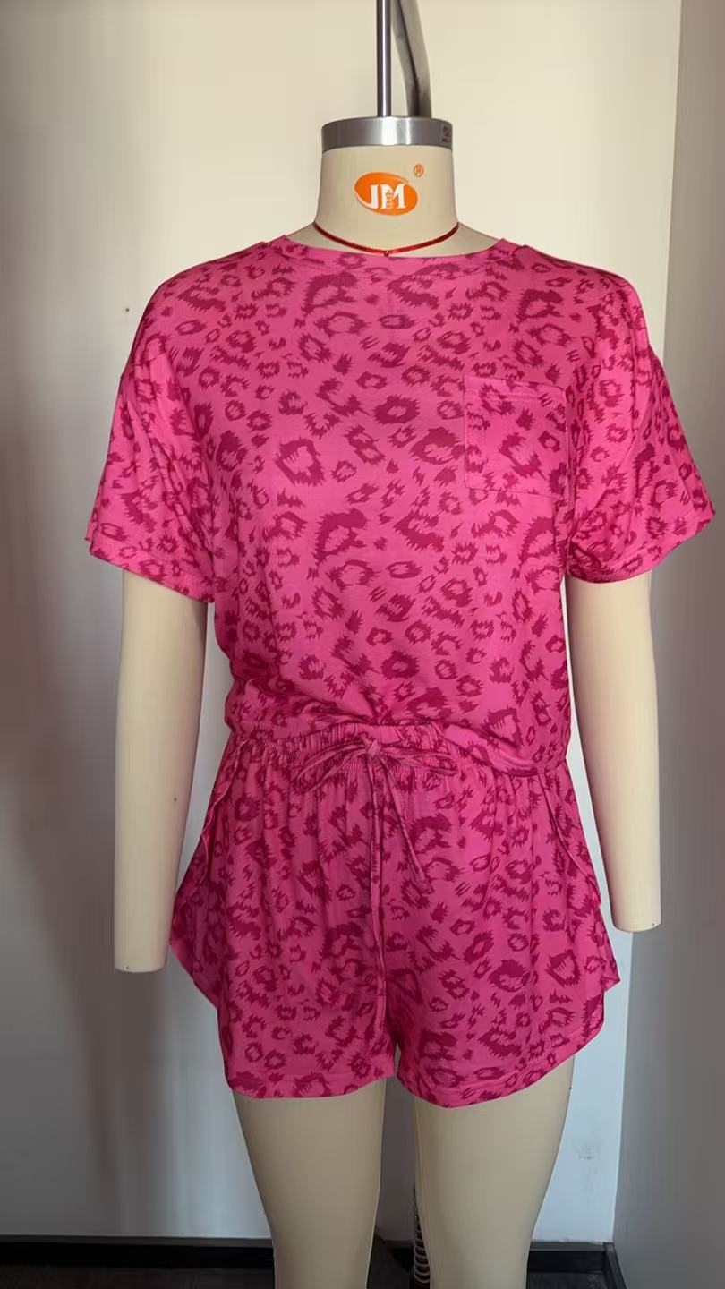 Women's Printed Leopard Stripe Short Sleeve Shorts Pajama Set