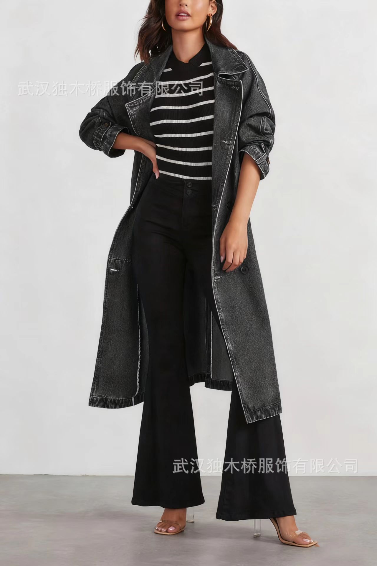 Women's Long Denim Trench Coat with Pockets Button-Up Loose Fit