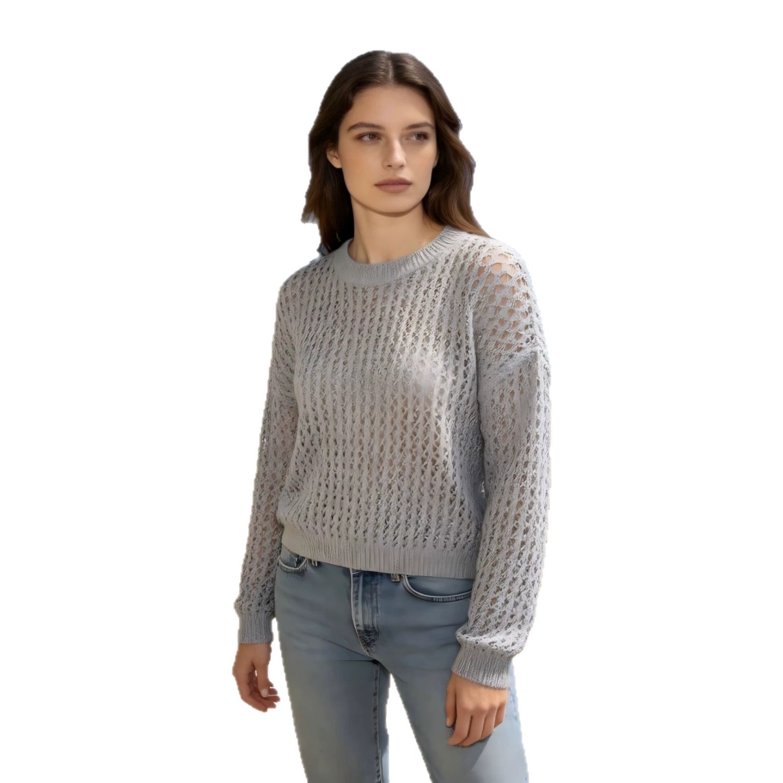 Women's Open Knit Sweater with Round Neck and Loose Fit