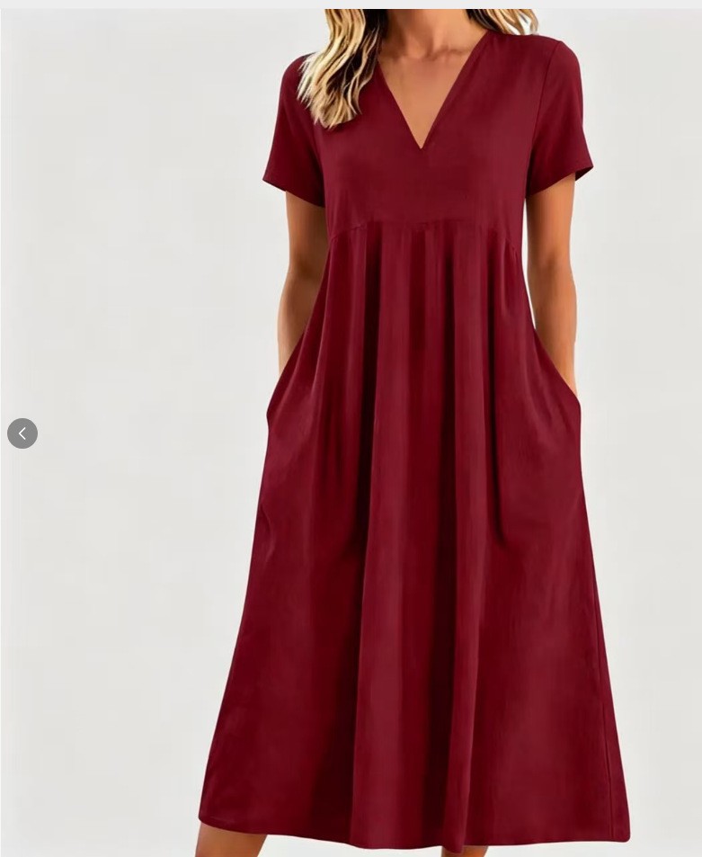 Solid V-Neck Short Sleeve Loose Casual Dress