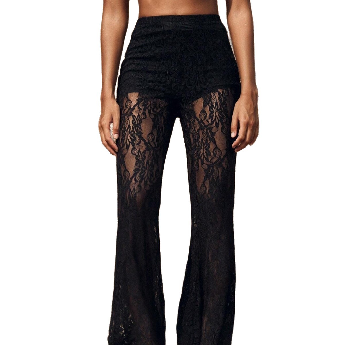Women's Lace Panel Two-Piece Set Sexy Double-Layer Flared Pants
