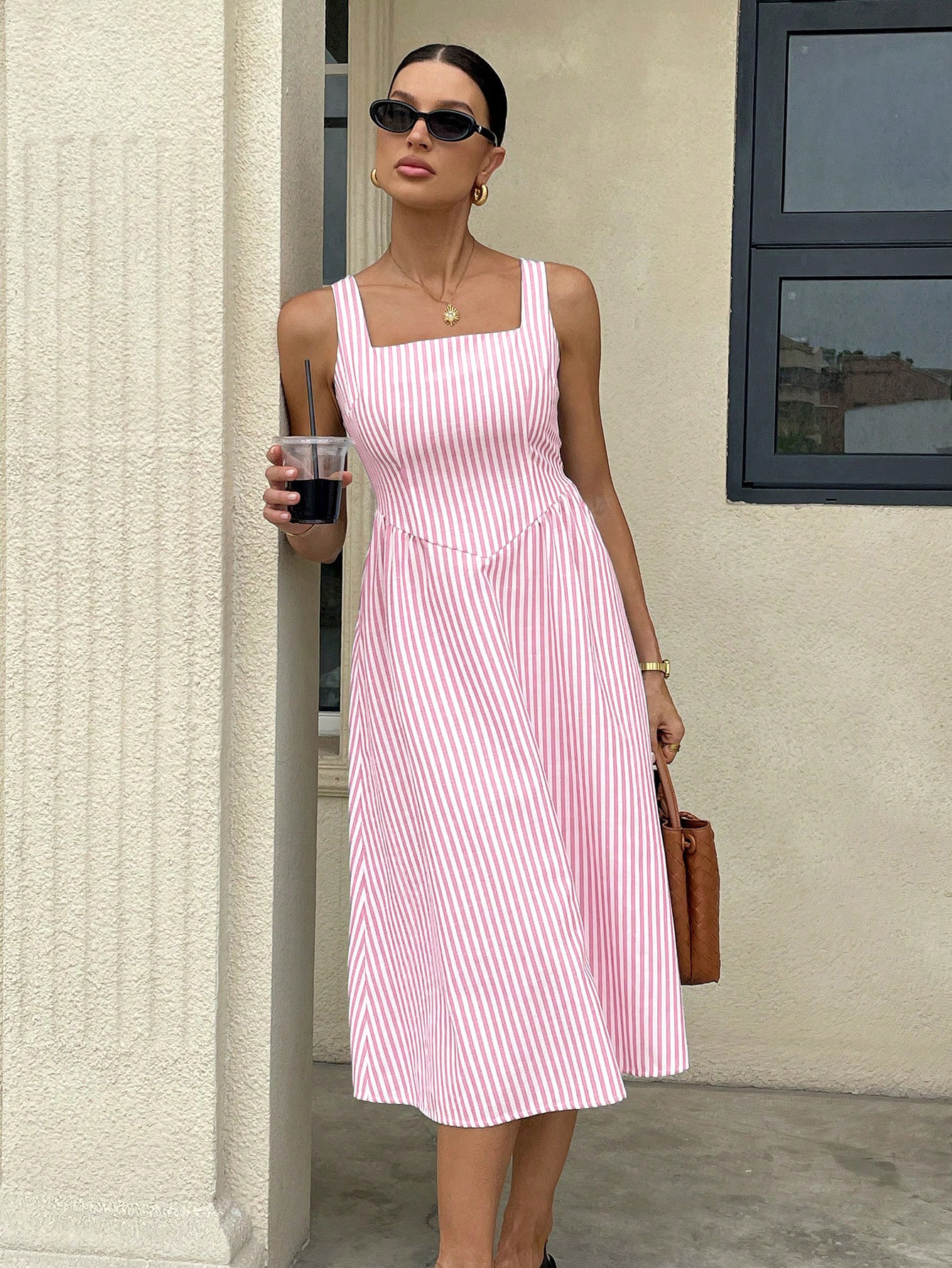 Women's Sleeveless Square Neck Striped A-Line Maxi Dress