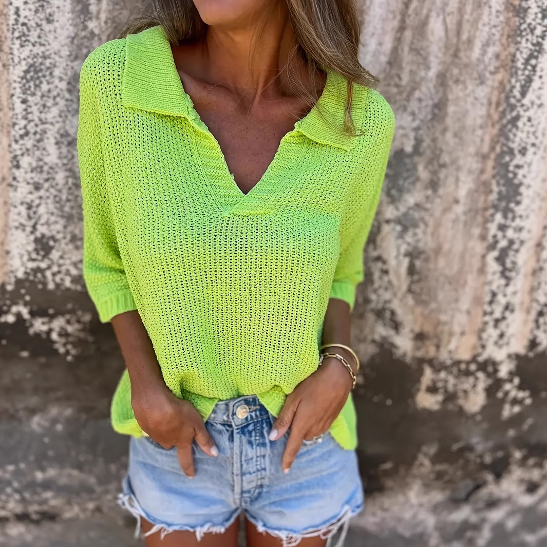 Women's Summer Collared Knit Top Seven-Sleeve Solid Color Pullover