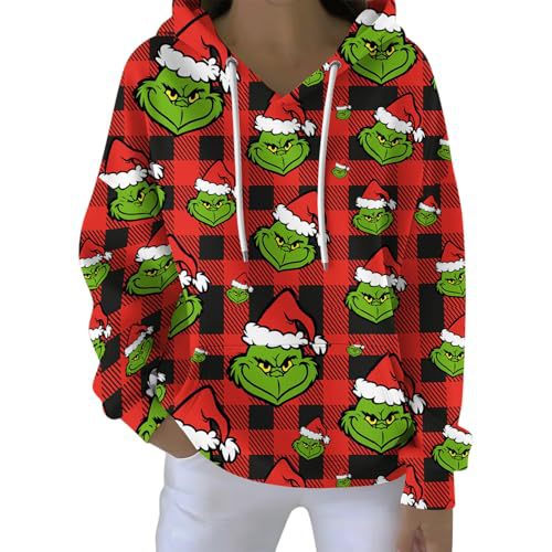 Women's Plaid Christmas Grinch Print Hoodie