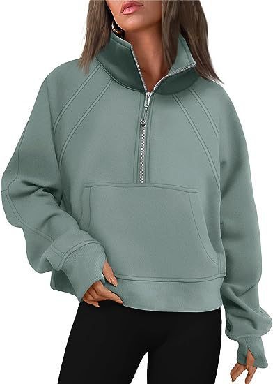 Women's Half-Zip Cropped Stand Collar Fleece-Lined Solid Hoodie