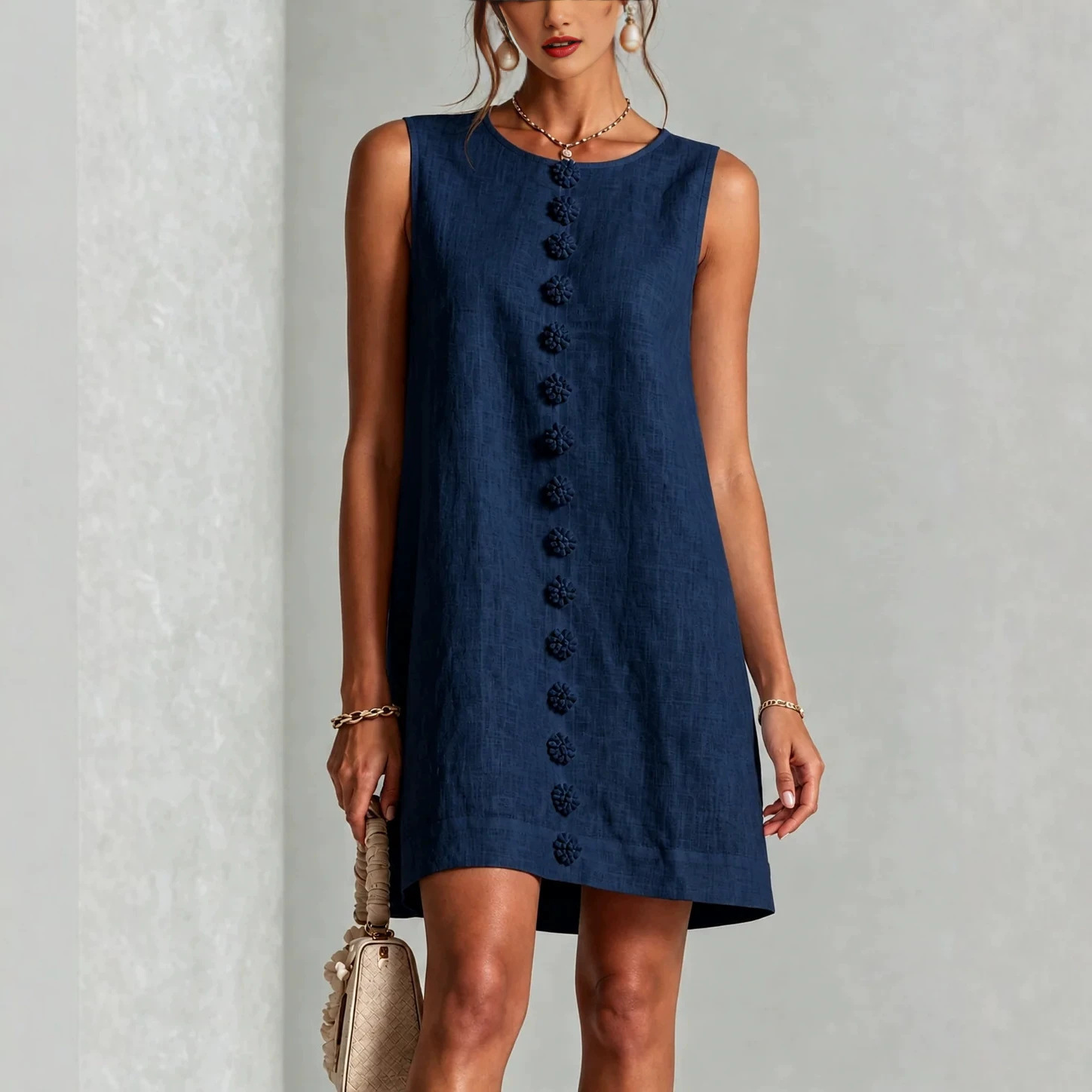 Women's Sleeveless A-Line Mini Dress Solid Crew Neck Casual