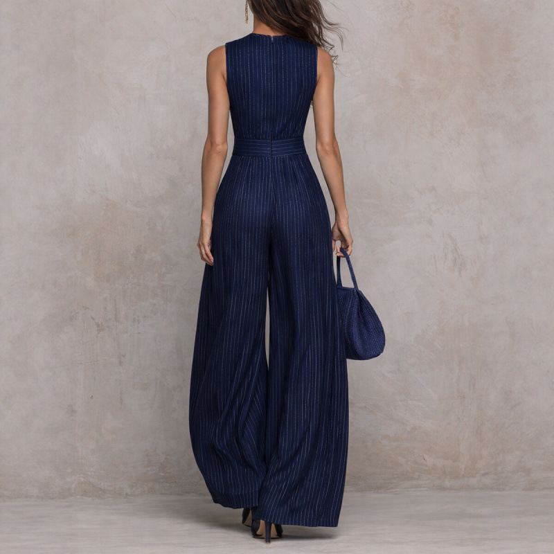 Navy Striped Sleeveless Wide-Leg Jumpsuit with Waist Cinch