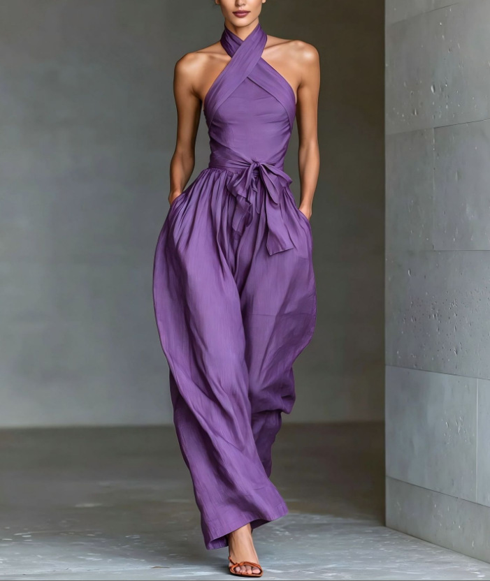 Women's Linen Sleeveless Halter Cross-Tie Wide-Leg Jumpsuit