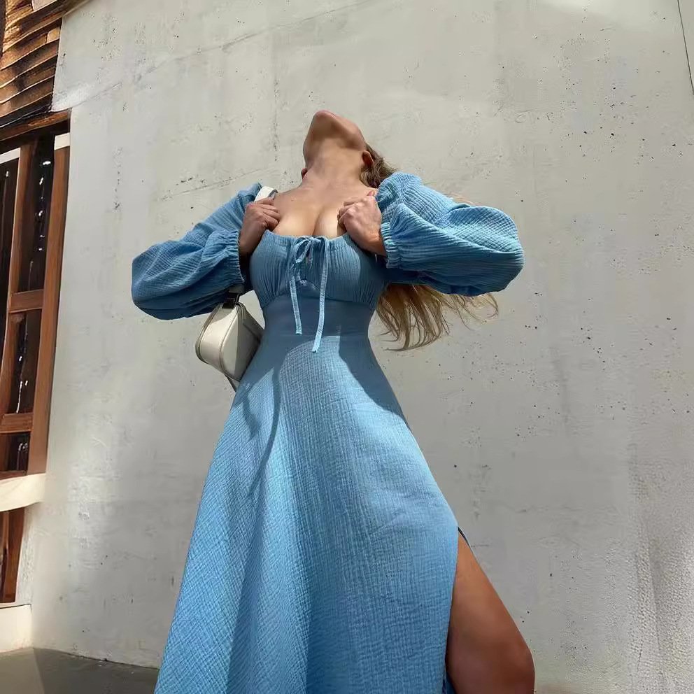 Women's Solid Square Neck Split Long Dress