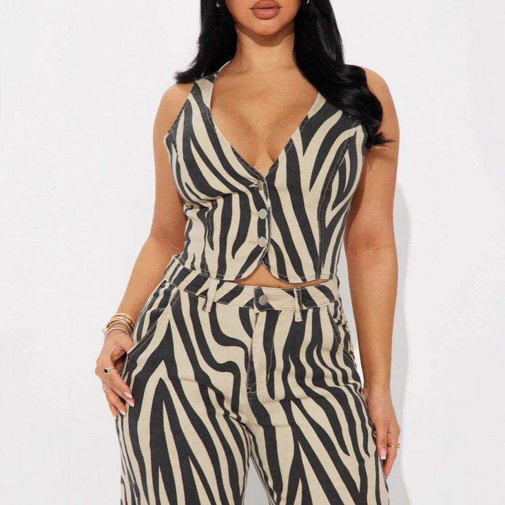 Zebra Striped Sleeveless Vest and Wide-Leg Pants Two-Piece Set