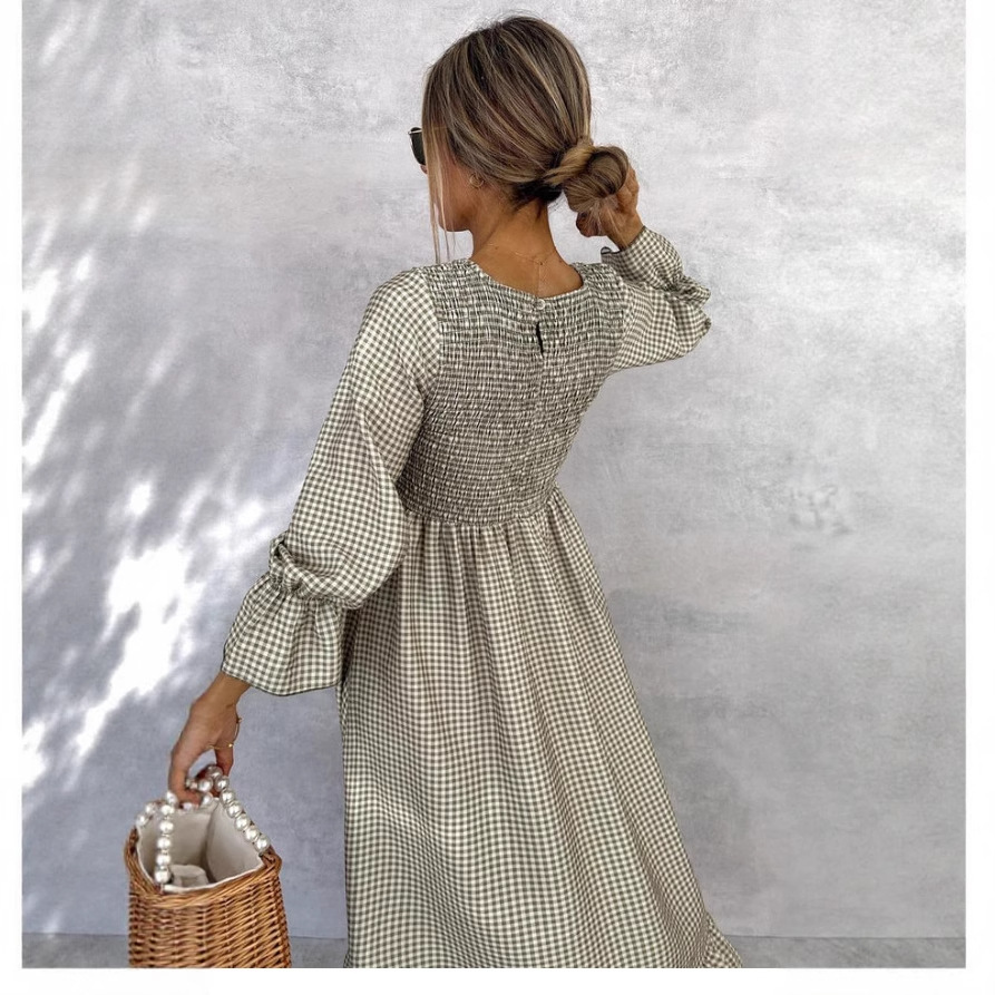 Puff Sleeve Plaid Long Dress