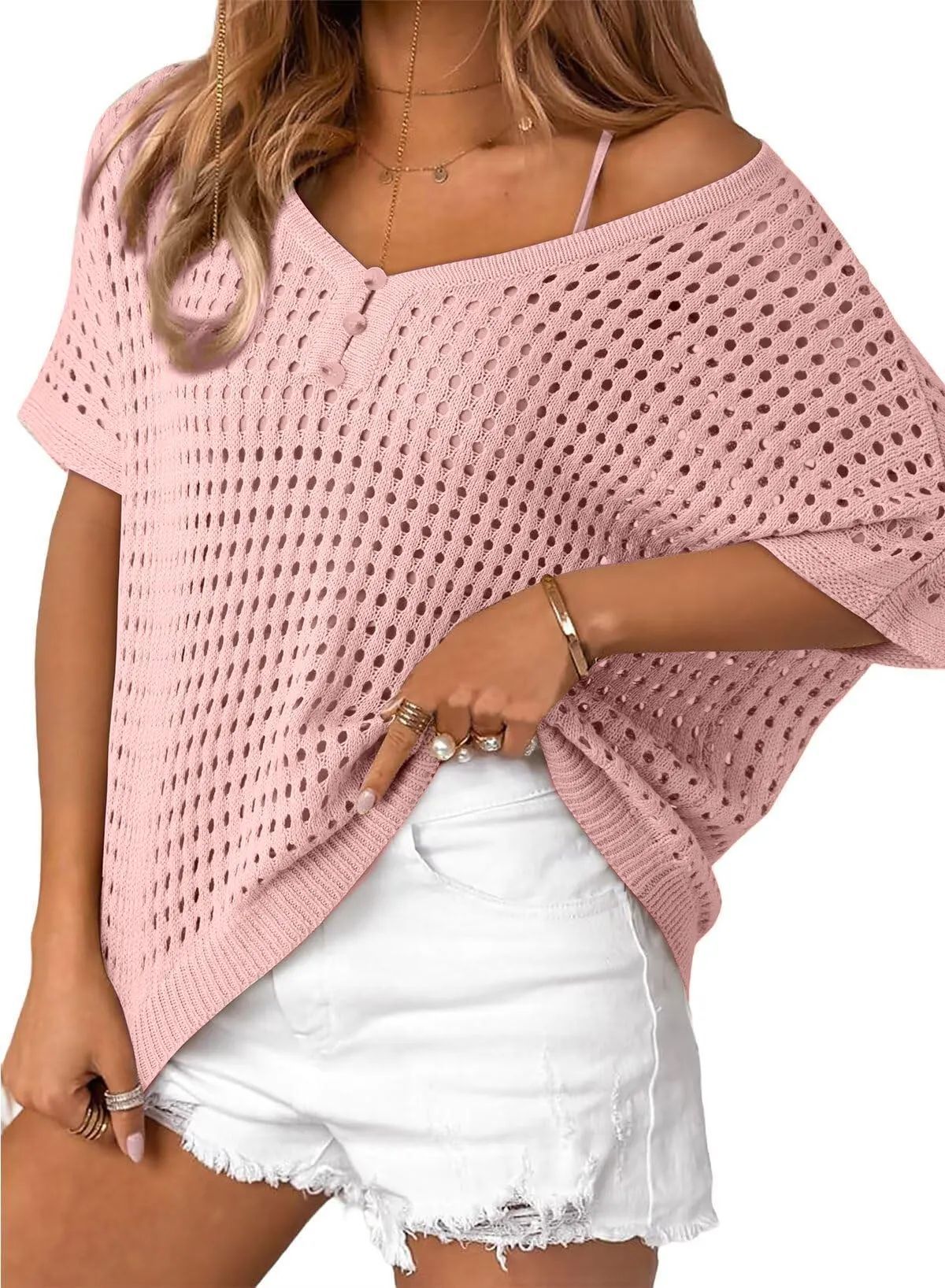Women's V-Neck Short Sleeve Button Crochet Hollow Knit Top Beach Cover-Up