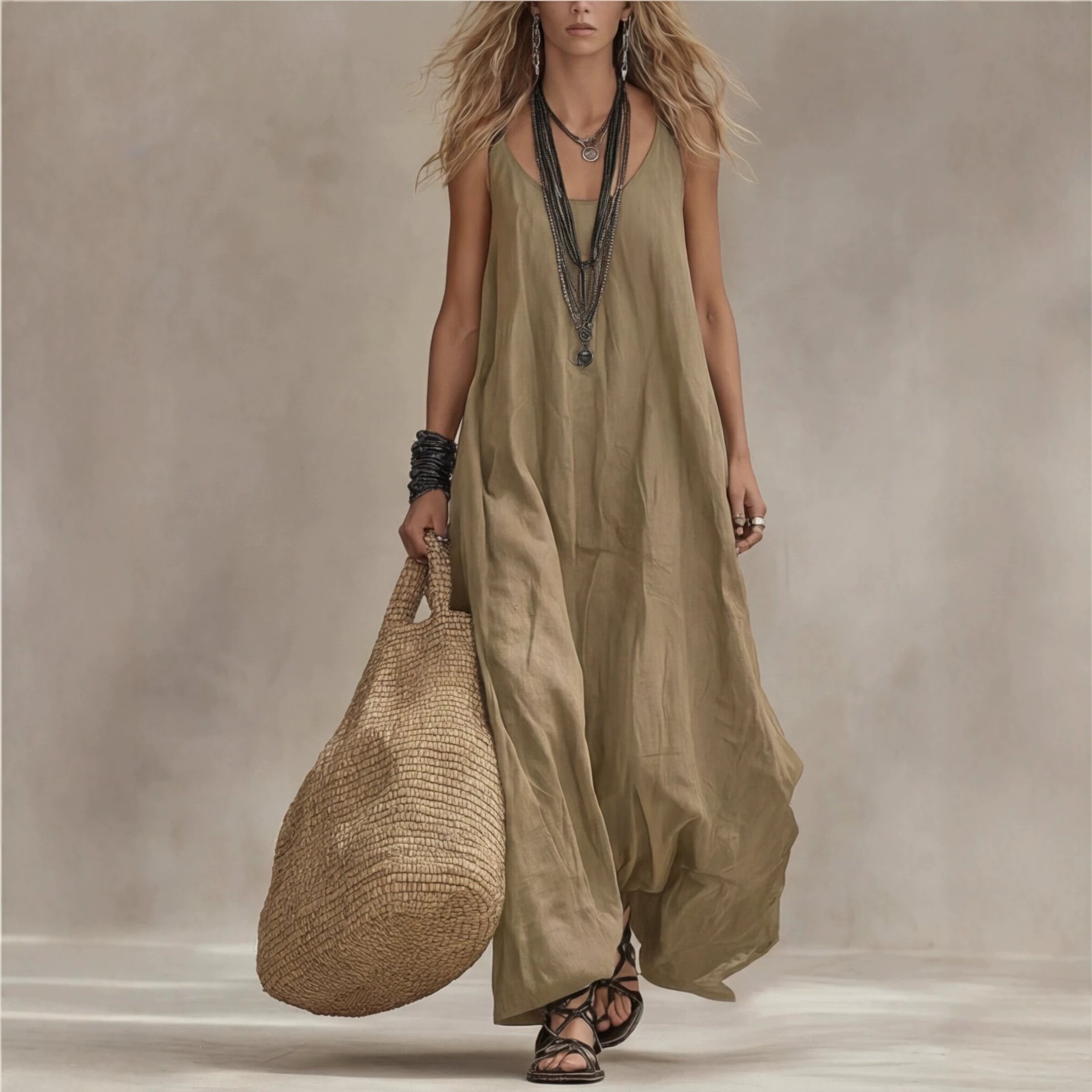 Women's Sleeveless Boho A-Line Maxi Dress Loose Fit