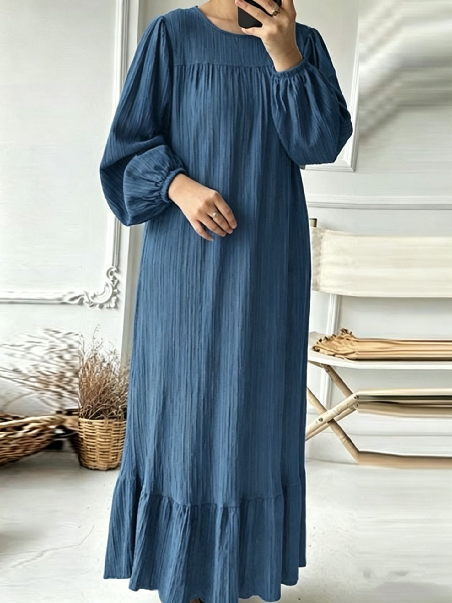 Women's Puff Sleeve A-Line Long Dress with Ruffle Hem