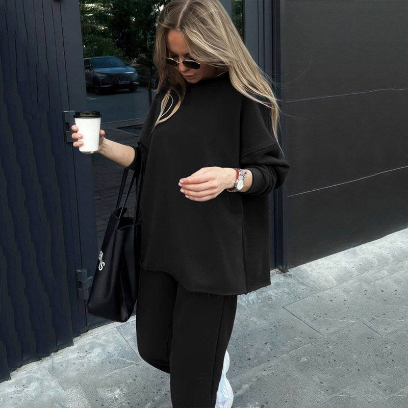 Women's Casual Solid Color Long Sleeve Top and Elastic Waist Pants Two-Piece Set