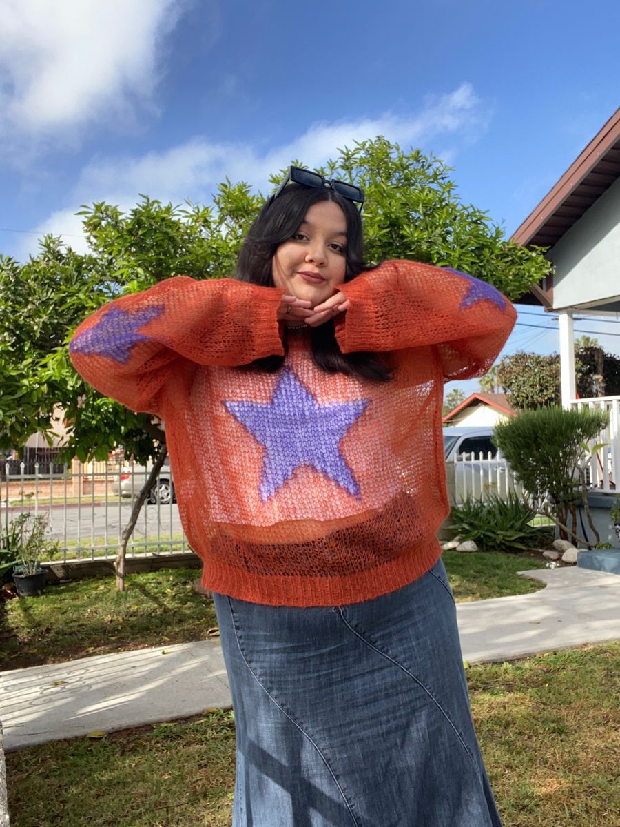 Sexy Sheer Star Knit Sweater Women's Loose Crewneck Long Sleeve Pullover