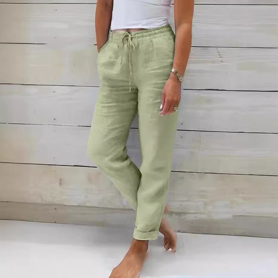 Women's Cotton-Linen Wide-Leg Pants Elastic Waist Solid Color Loose Fit