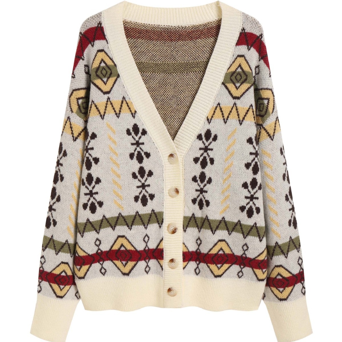 Women's Wool Blend Double-Sided Jacquard Colorblock Cardigan Sweater