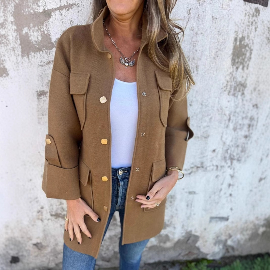 Women's Stand Collar Double-Faced Wool Coat with Pockets