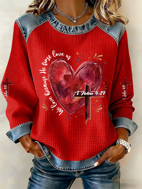 Women's Heart Cross Letter Print Crewneck Sweatshirt
