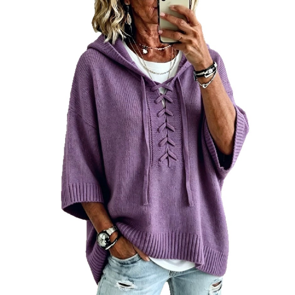 Lace-Up Hooded 3/4 Sleeve Knit Sweater Loose Pullover Top