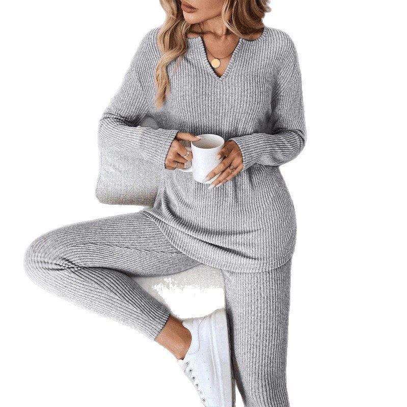 Women's V-Neck Lounge Set Long Sleeve Solid Color Two-Piece