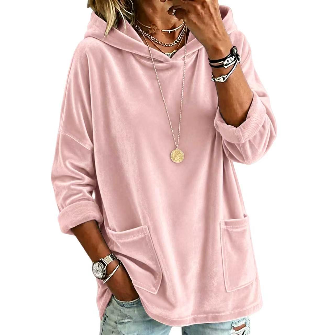 Casual Hooded Loose Fleece Solid Color Long Sleeve Pullover Sweatshirt for Women