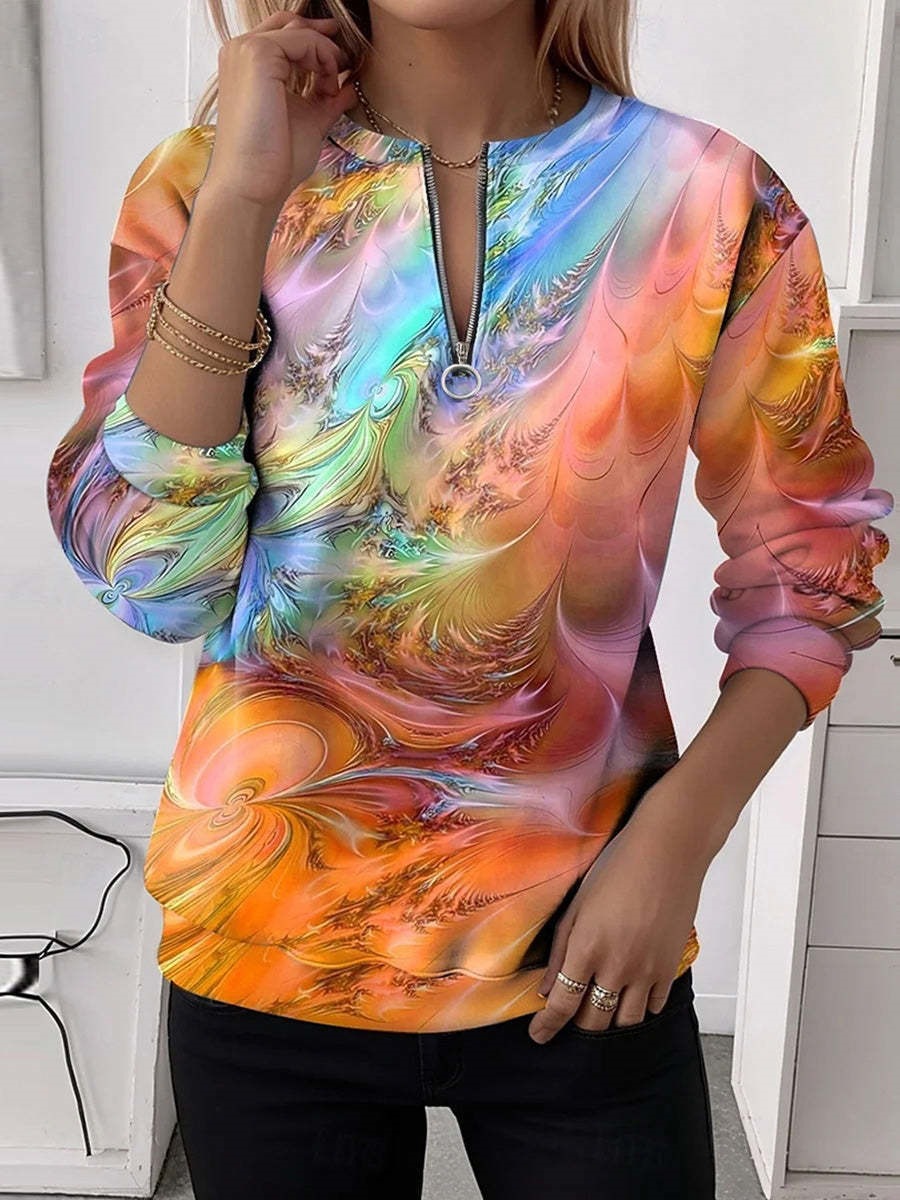 Women's Boho Print Long Sleeve Zip-Up Sweatshirt Casual Top