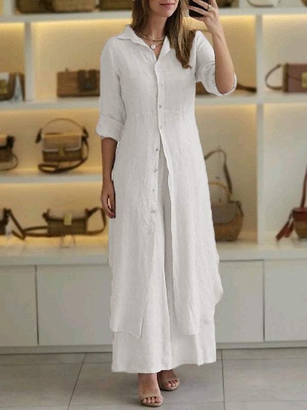 Women's Cotton-Linen Fitted Waist Long-Sleeve Shirt & Wide-Leg Pants Set