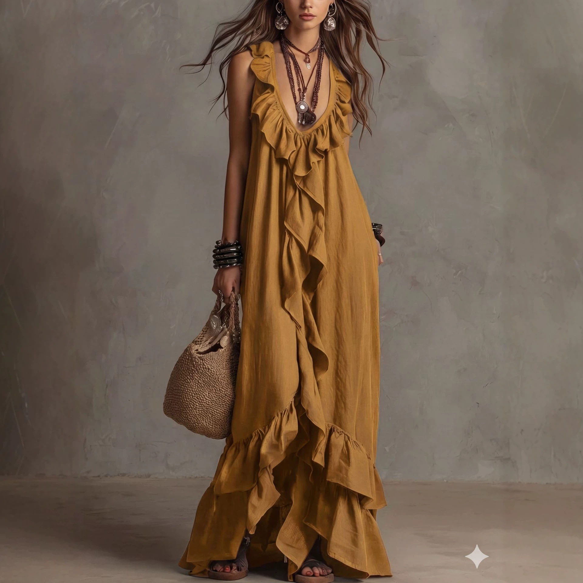 Boho V-Neck Ruffle Short Sleeve A-Line Midi Dress