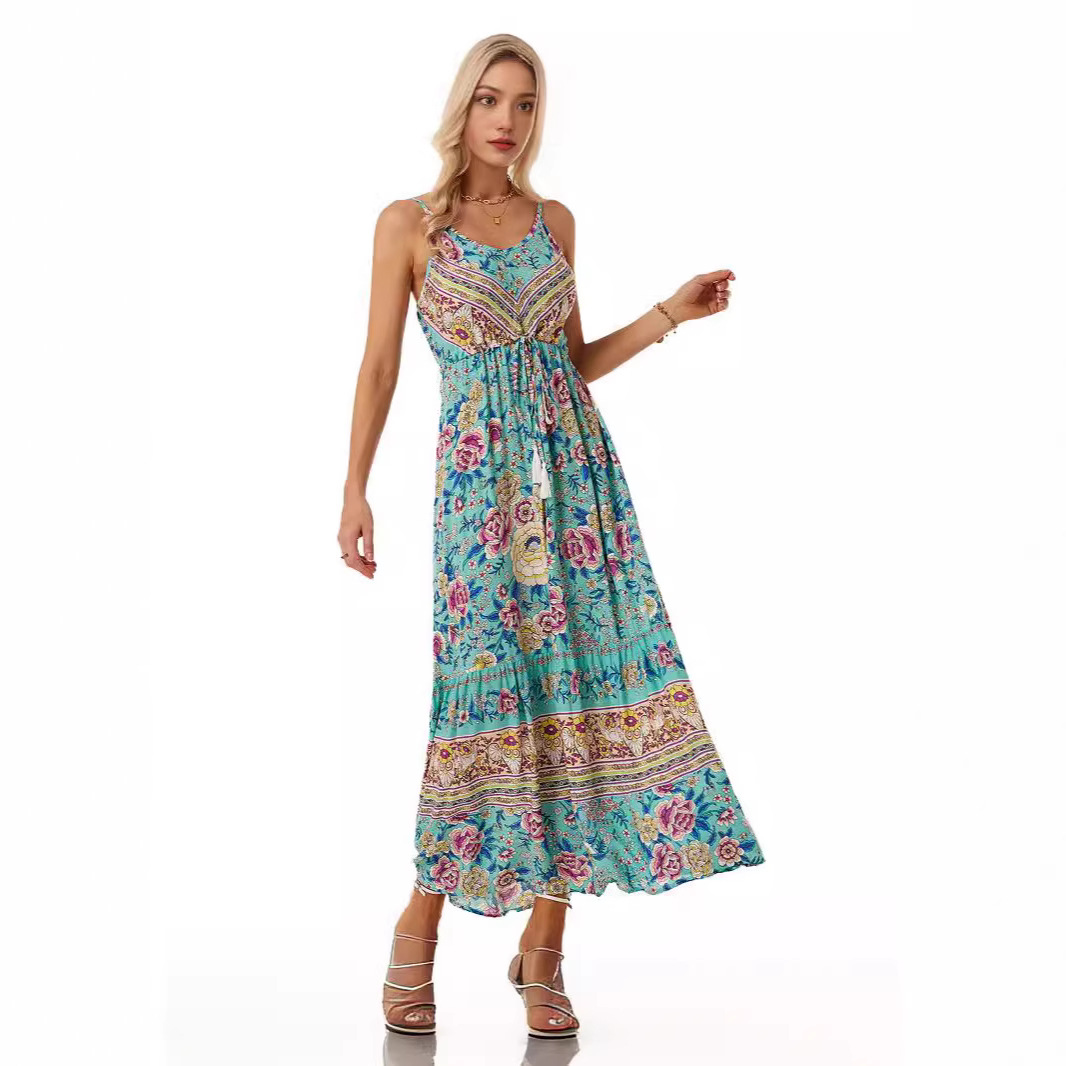 Bohemian Printed Sleeveless V-Neck A-Line Maxi Dress with Tassels