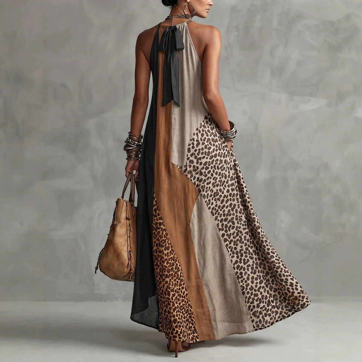 Bohemian Leopard Colorblock Halter Sleeveless Slit Flowy Maxi Dress