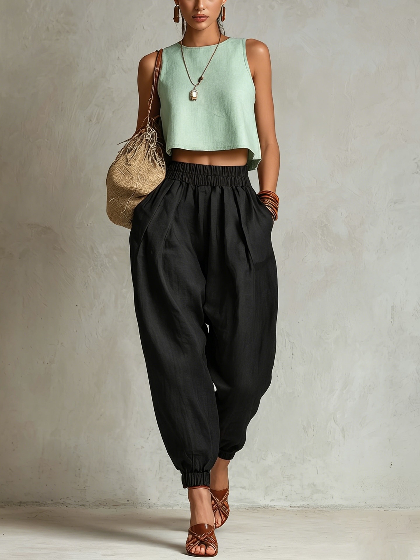 Women's Cotton-Linen Harem Pants Elastic Waist Loose Slimming Cuffed Lantern Casual Trousers